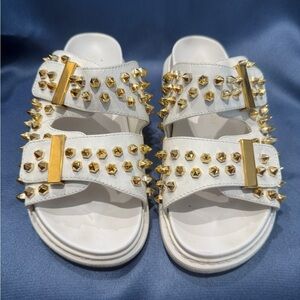 Alexander McQueen White and Gold Studded spike slide buckle Sandals 7.5D 37.5